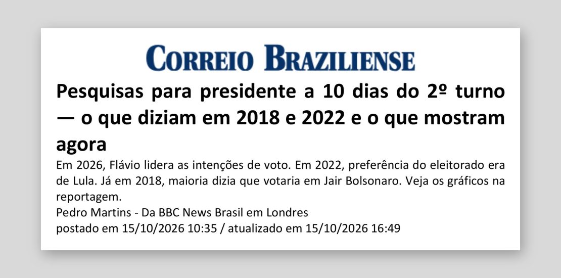 Correio Braziliense: Pesquisas para presidente a 10 dias do 2º turno