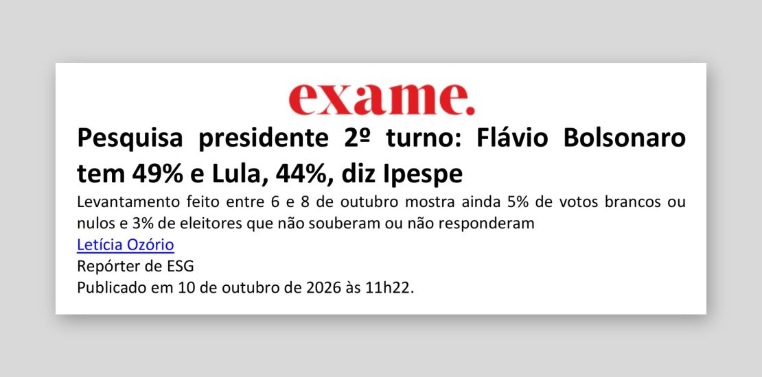 Exame: Pesquisa presidente 2º turno: Flávio Bolsonaro tem 49% e Lula, 44%, diz Ipespe