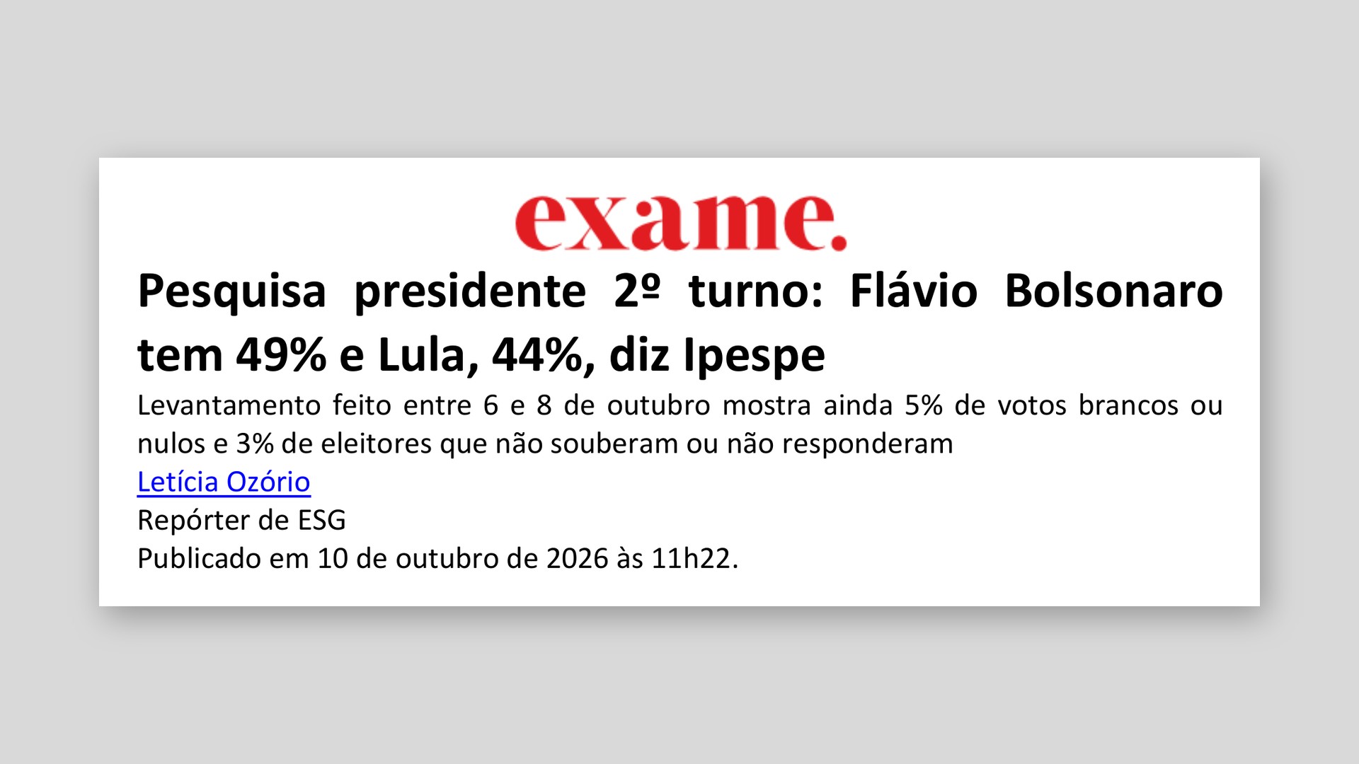 Exame: Pesquisa presidente 2º turno: Flávio Bolsonaro tem 49% e Lula, 44%, diz Ipespe
