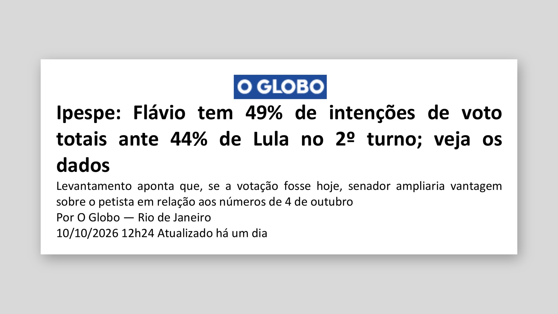 O Globo: Ipespe: Flávio tem 49% de intenções de voto totais ante 44% de Lula no 2º turno