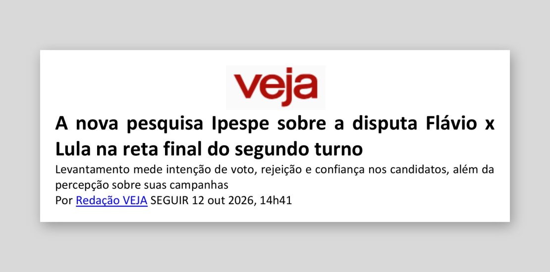Veja: A nova pesquisa Ipespe sobre a disputa Flávio x Lula na reta final do segundo turno